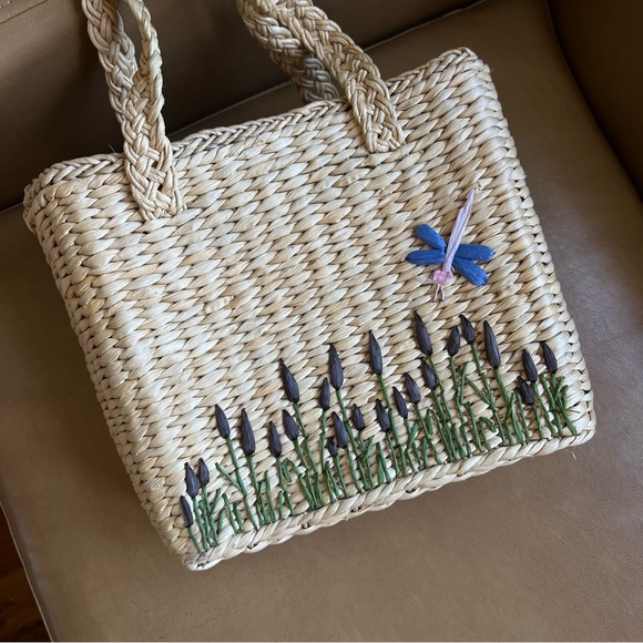 Rouje Handbags - Rare Vintage 90s GAP Wicker Straw Basket Bag with Dragonfly
